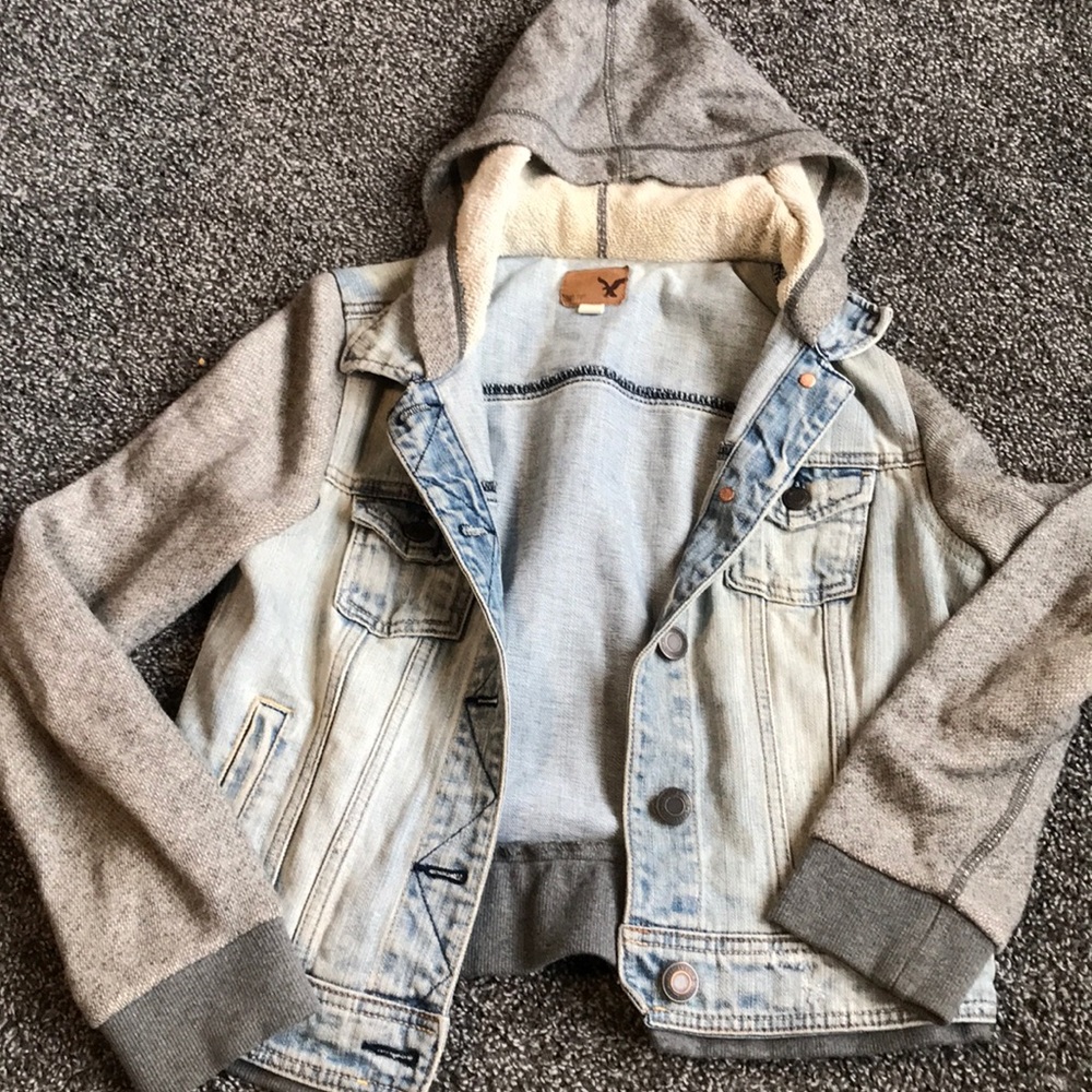 cropped jean jacket with built in hood